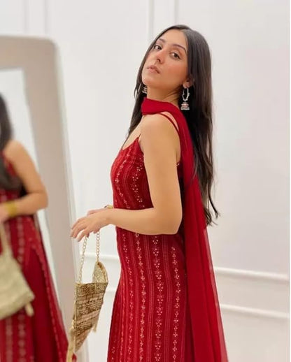 Maroon Colored Partywear Embroidered Sequence Worked Kurta and Palazzo with Dupatta Set