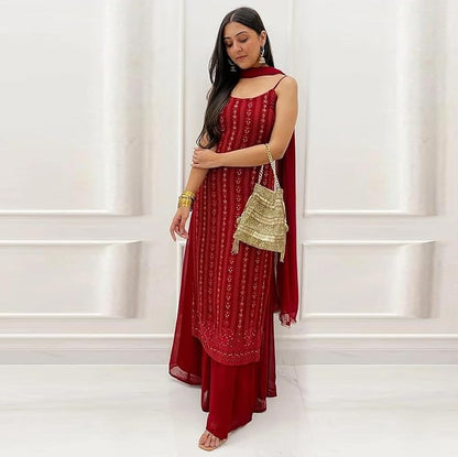 Maroon Colored Partywear Embroidered Sequence Worked Kurta and Palazzo with Dupatta Set