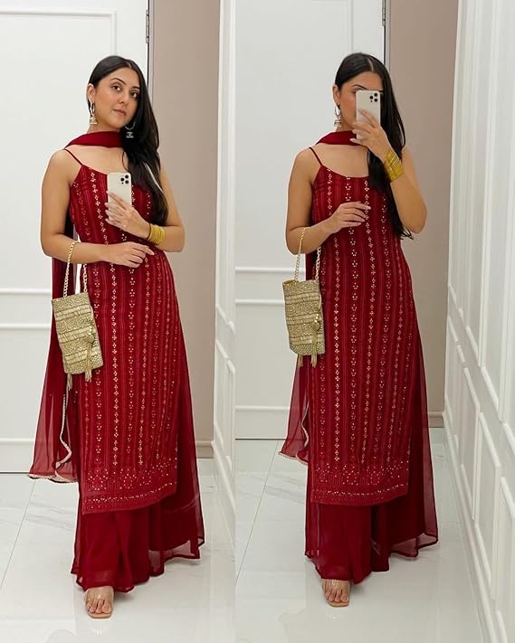 Maroon Colored Partywear Embroidered Sequence Worked Kurta and Palazzo with Dupatta Set