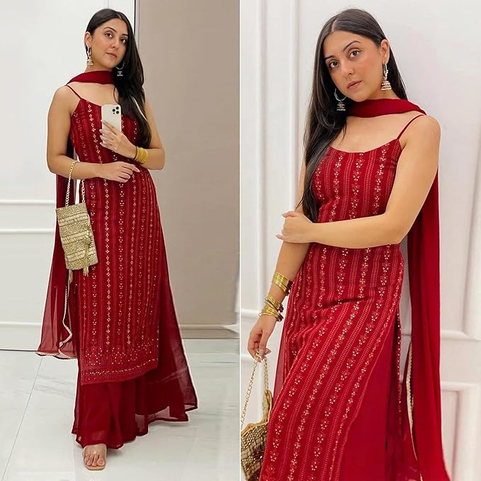 Maroon Colored Partywear Embroidered Sequence Worked Kurta and Palazzo with Dupatta Set